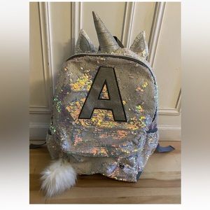 JUSTICE Girls Initial "A” Flip Sequin Unicorn Horn Backpack Holographic